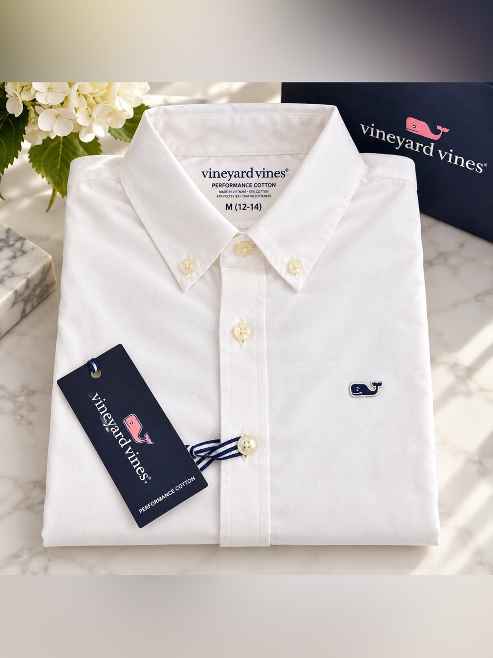 Vineyard Vines Boys Breakwater Performance Cotton Shirt White Size M 12-14 NWT